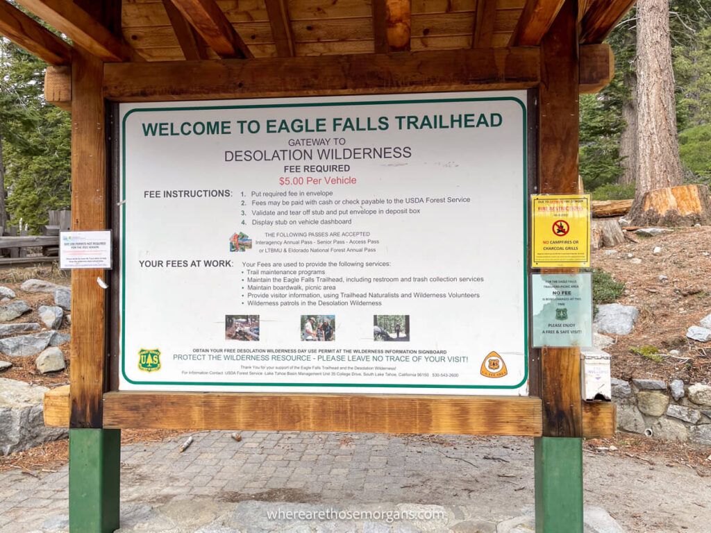 Information board at a hiking trailhead in a forested area