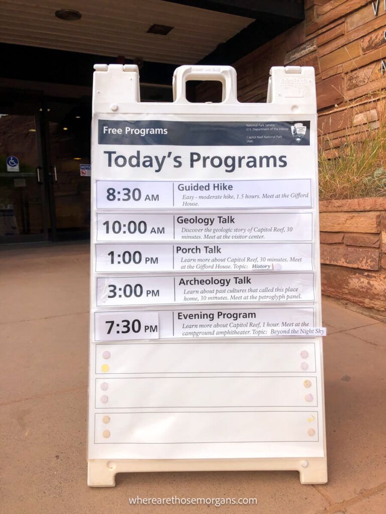 White sign indicating Today's Free ranger programs