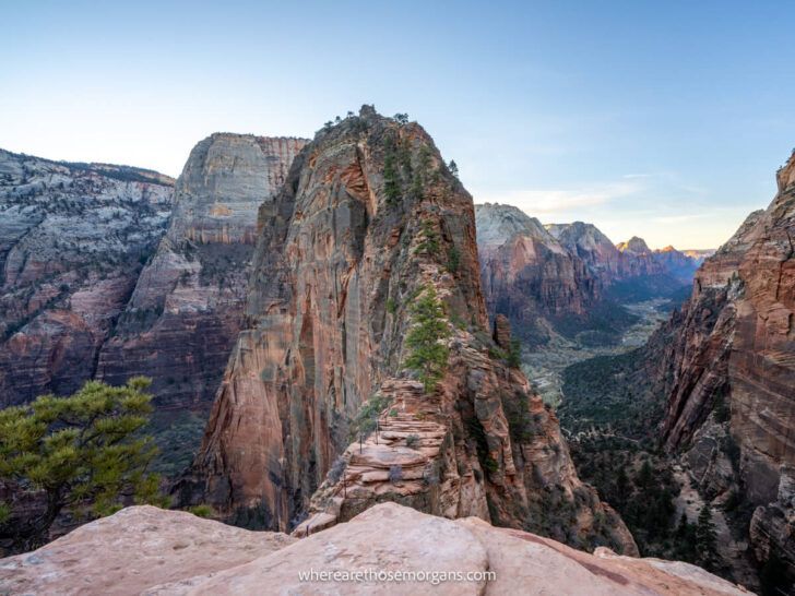 Angels Landing at sunrise with nobody on the hiking trail one of the best hikes in Utah