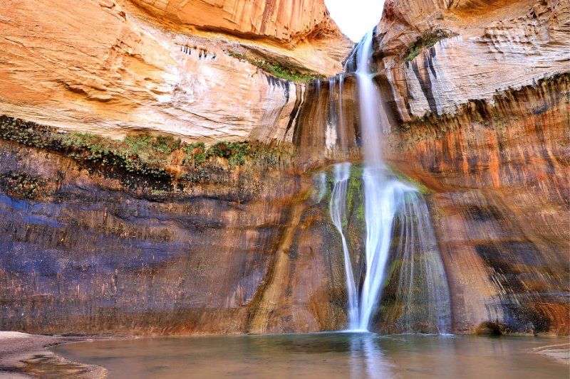 Wispy waterfall hugging orange slick rock in Utah