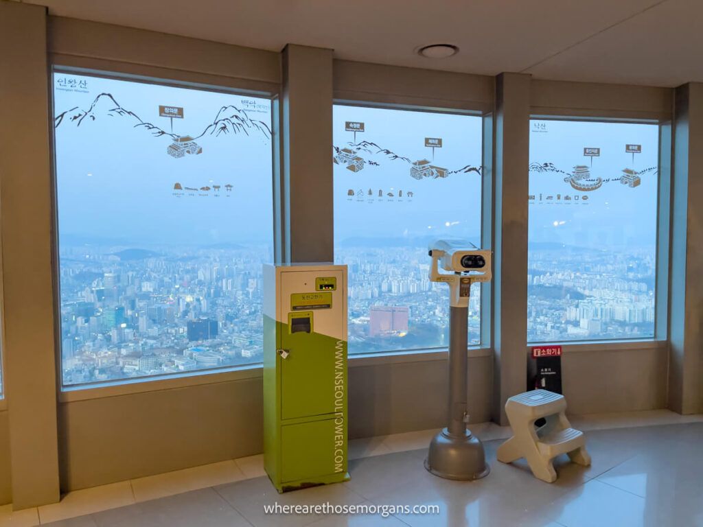 Three large windows on top of the N Seoul Tower