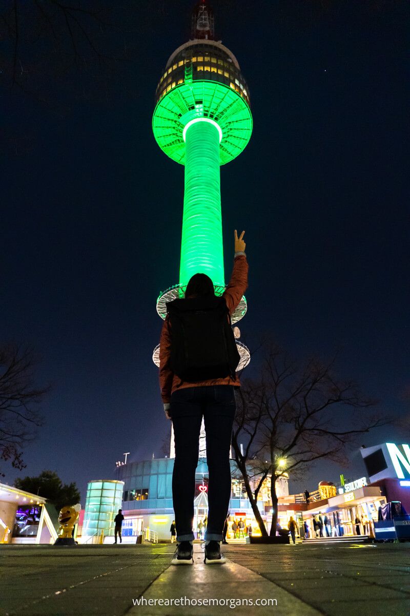 Woman posing for a photo in front of Namsan Seoul Tower