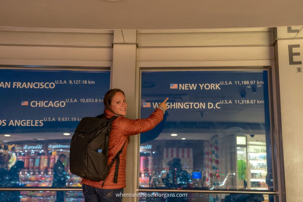 Woman pointing to a New York sign in a window