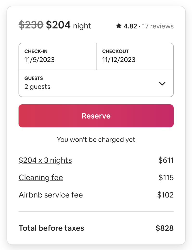 Screenshot of a 3 night stay at an Airbnb in London with prices