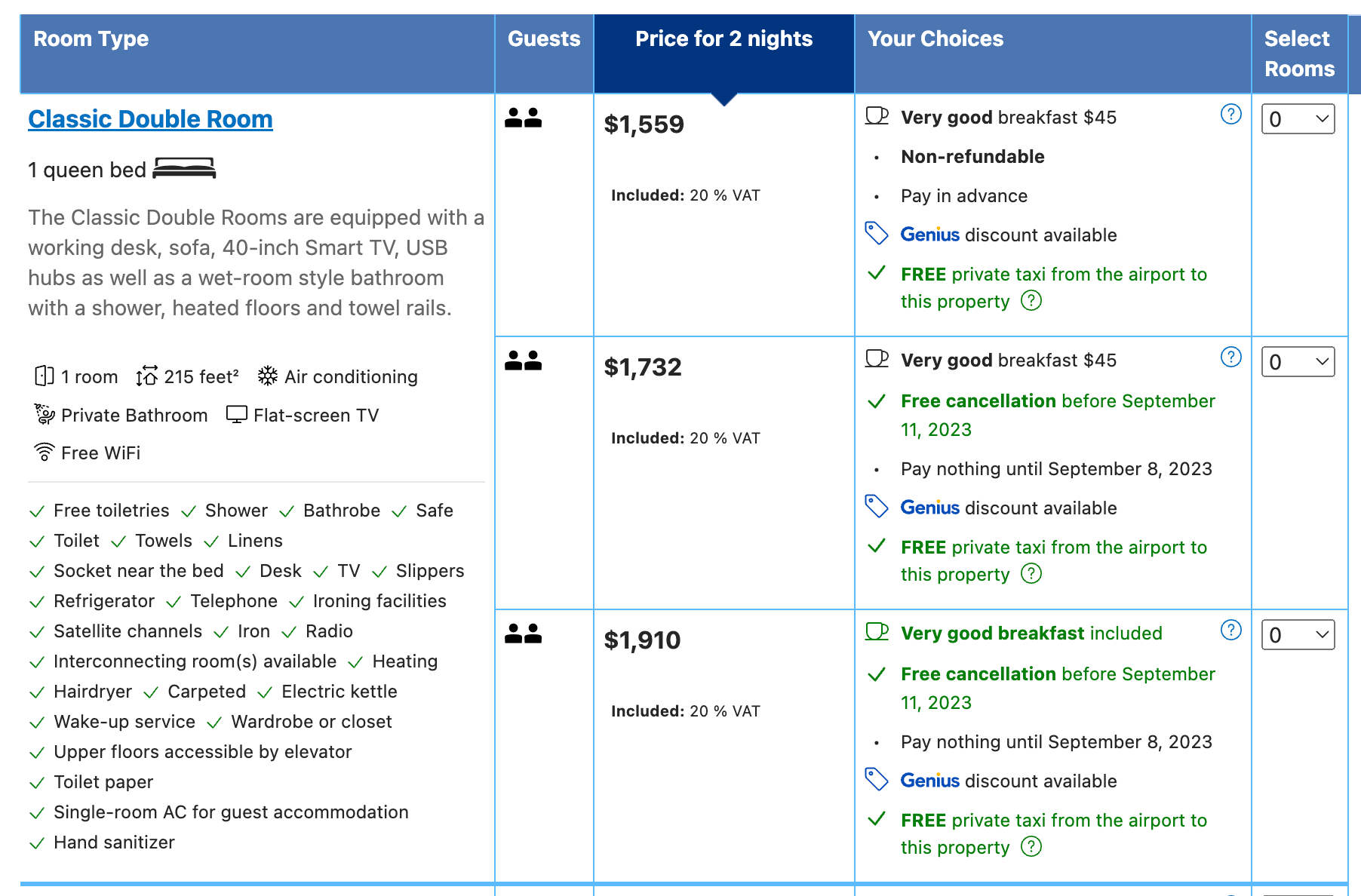 Screenshot showing the difference in price between a hotel room with free cancellation and a non refundable room