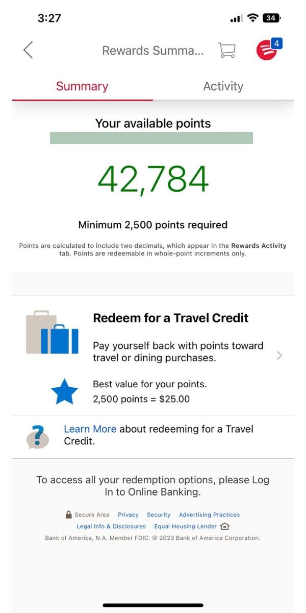 Travel rewards credit card points accrued