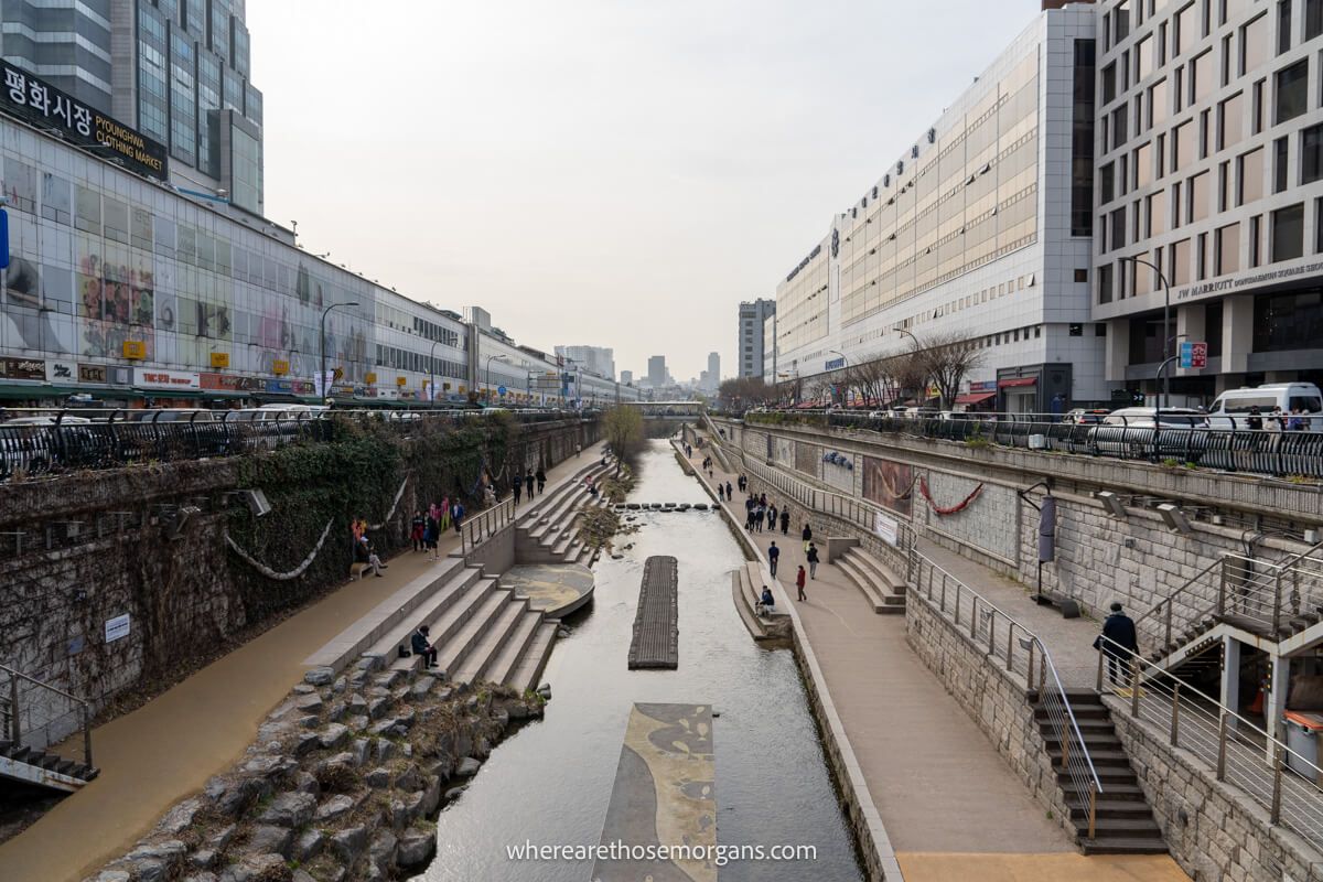 View of the popular Cheonggyecheon Stream walkway