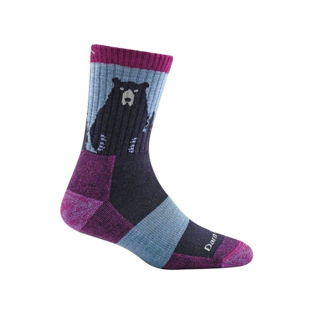 Purple and blue Darn Tough Socks with a bear theme are perfect for outdoorsy women