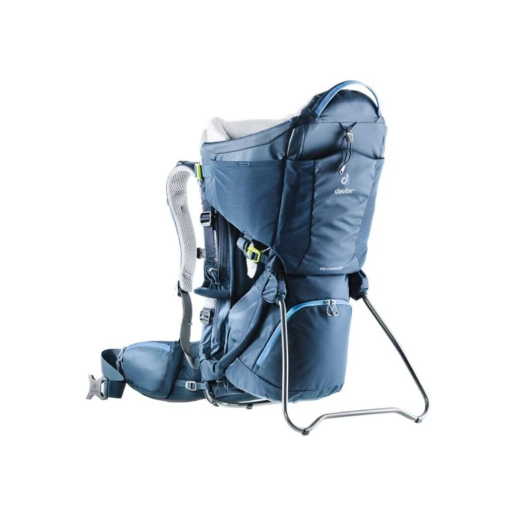 Blue Deuter Kid Comfort Child Carrier great for outdoorsy women who want to hike with children
