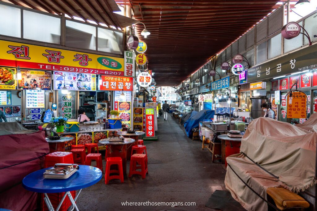 Vendors setting up food stalls in Seoul, South Korea