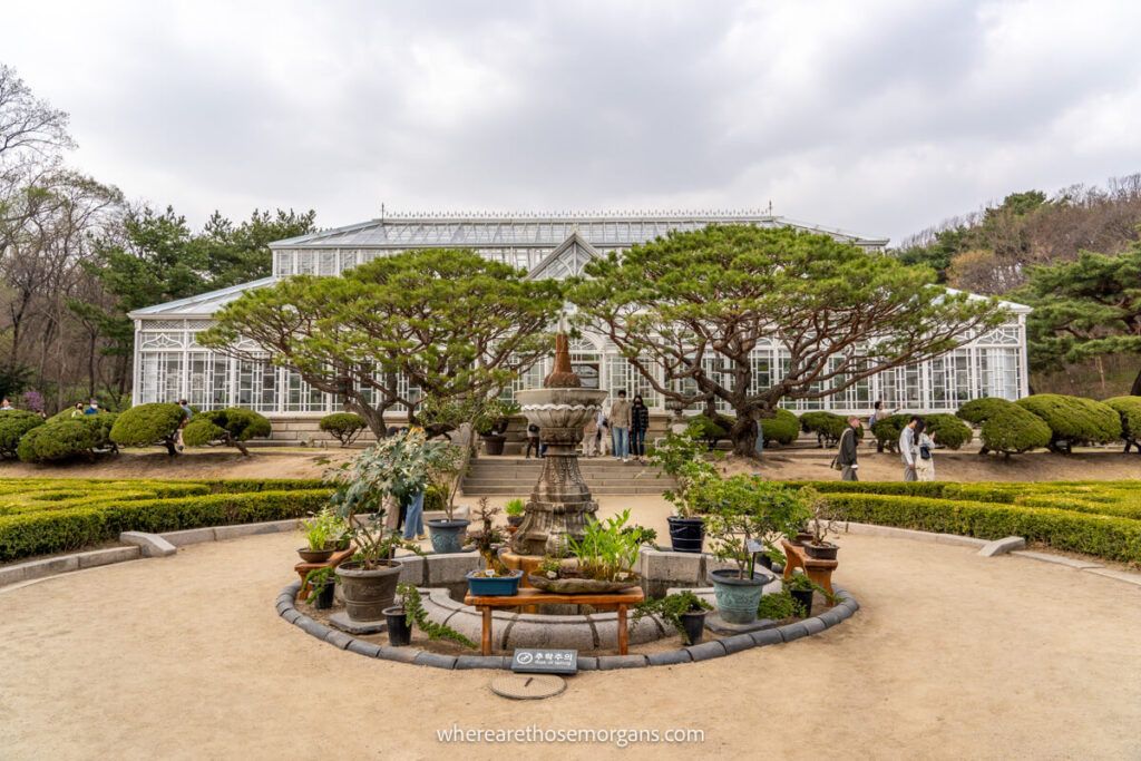 The lush gardens in front of the Grand Greenhouse in Changgyeonggung Palace
