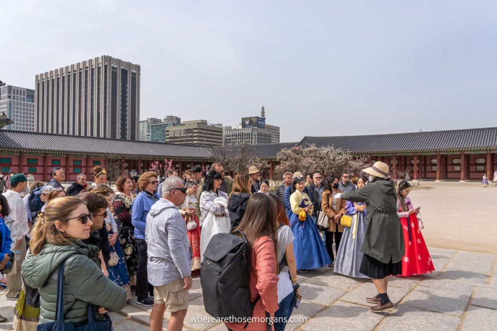 A large crowd during a free guided tour inside Gyeongbokgung Palace In Seoul