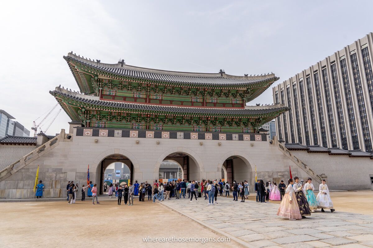 Visitors waiting outside Gwanghwamun Gate in Seoul