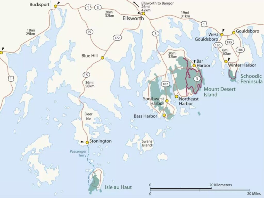Map of the 4 main regions in Acadia National Park