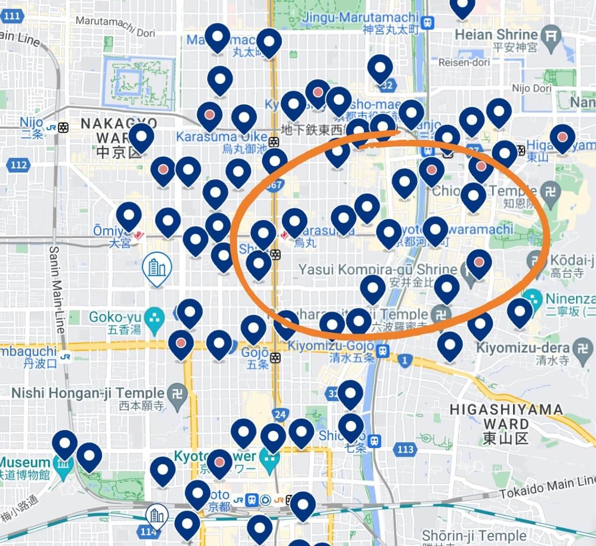 Focus area in Kyoto looking for hotels near attractions