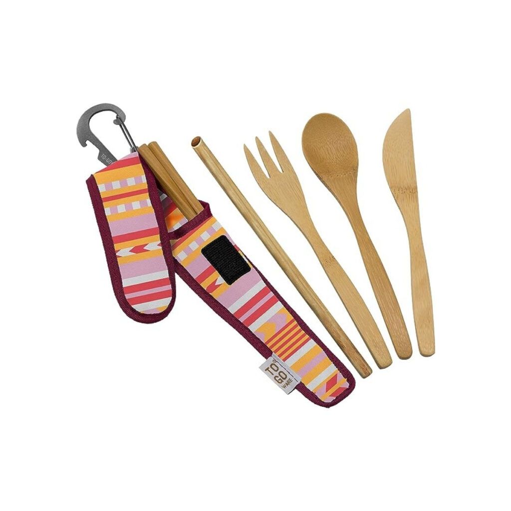 A wooden bamboo set of utensils for camping with cute carrying case