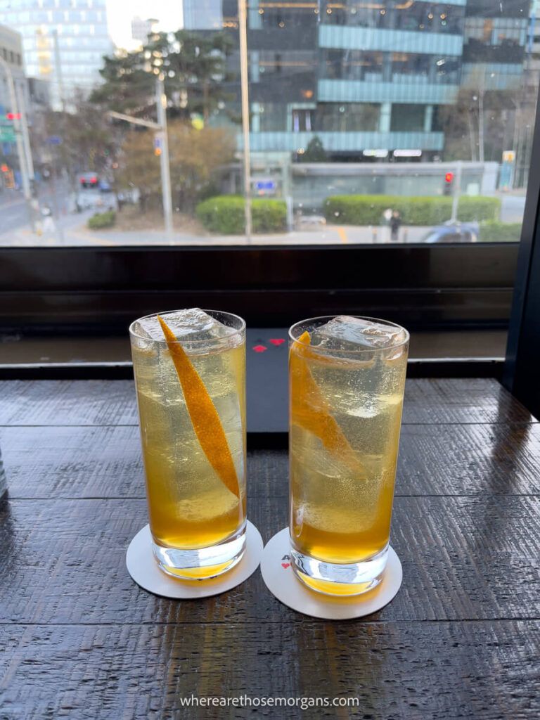 A pair of Amaretto sours on a table