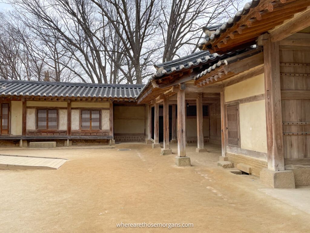 Numerous wooden buildings inside a royal palace in South Korea