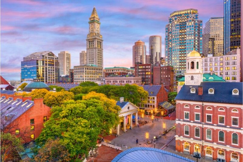 Boston Massachusetts city building at dusk