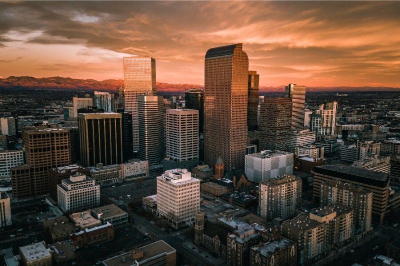 City skyscrapers at dusk in Denver Colorado