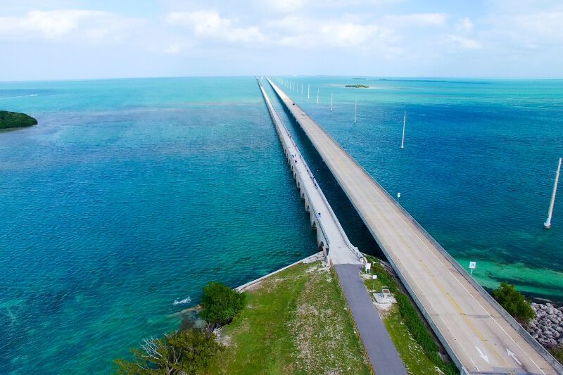 Overseas highway in Florida freeway built over turquoise water in southeastern USA