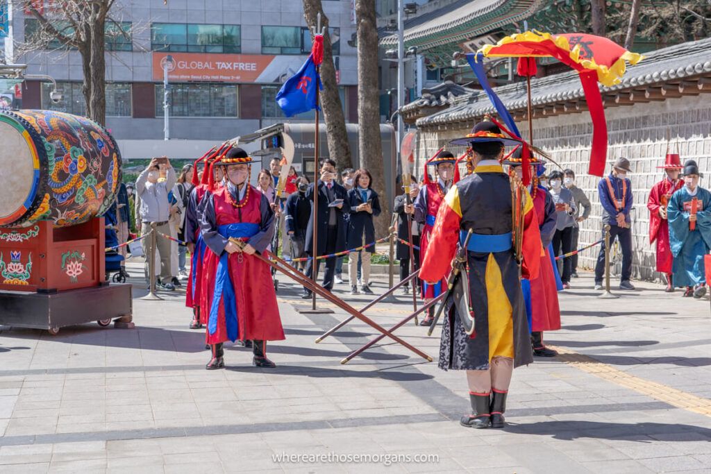 Changing of the guard ceremony outside Daehanmun Gate at Deoksugung Palace