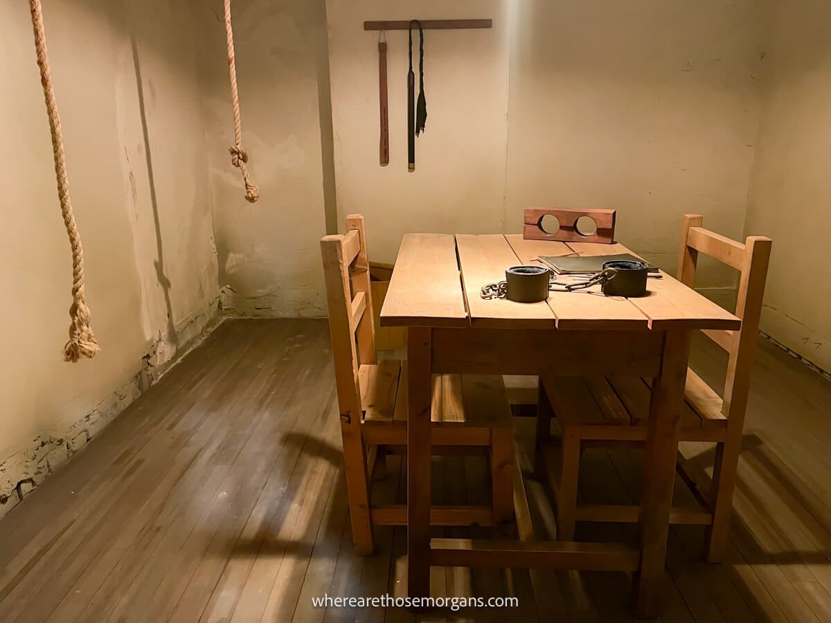 An example of an interrogation room with wooden desk and chairs