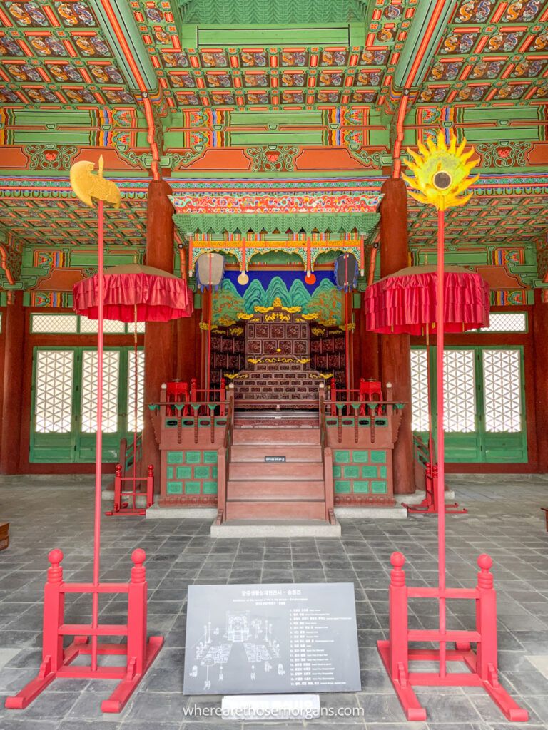 Colorful throne room inside Sungjeongjeon Hall at Gyeonghuigung Palace