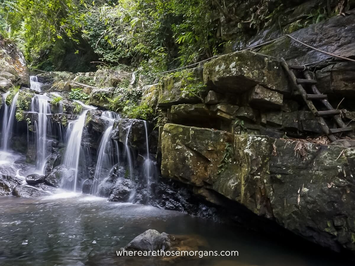 Small waterfall and a wooden ladder in the Phong Nha Botanical Gardens