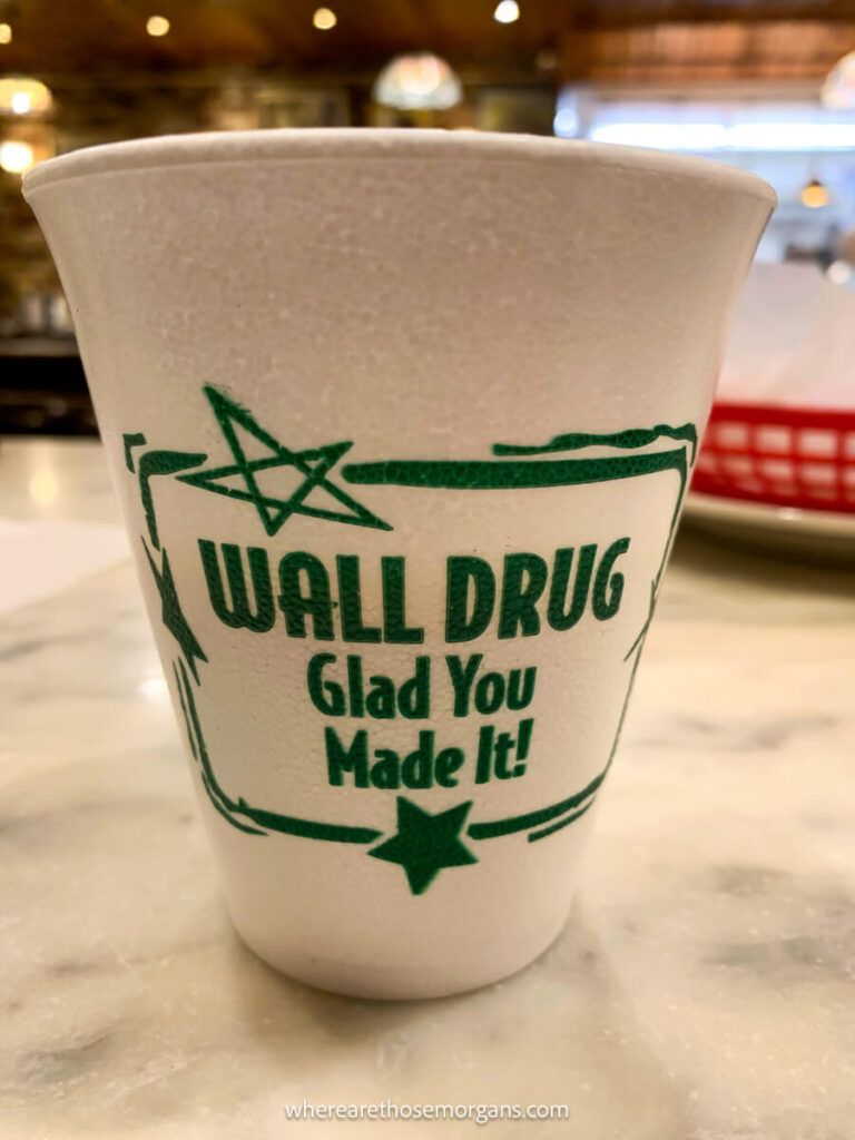 Close up of a polystyrene coffee cup at Wall Drug Store in South Dakota