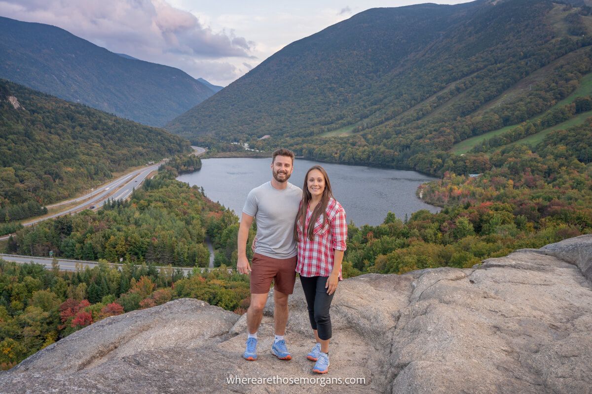 Mark and Kristen Morgan from Where Are Those Morgans hiking Artists Bluff Trail in New Hampshire, USA