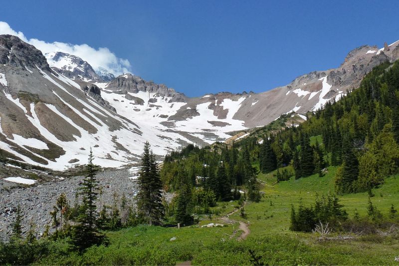 Meadows and trees at the base of a dry basin with cliffs and snow circling above