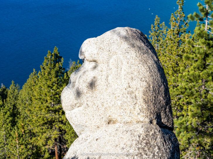Close up of Monkey Rock at the summit of a popular hiking trail in Lake Tahoe with green trees and the lake behind