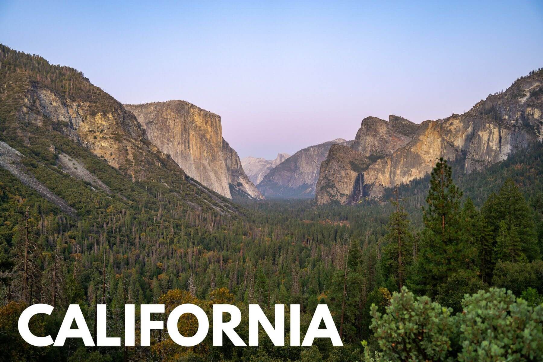 Photo of Yosemite Valley from Tunnel View at dusk with the word California overlaid