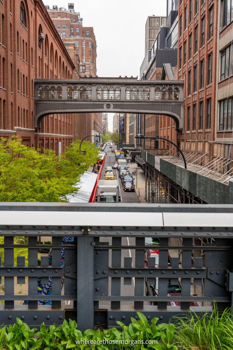 Street in New York from a bridge looking at another bridge passing between buildings
