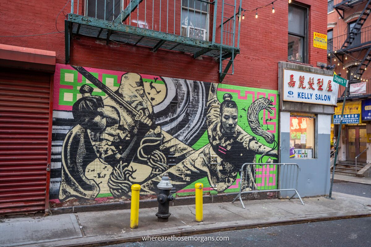 Streets with murals and shops in Chinatown NYC