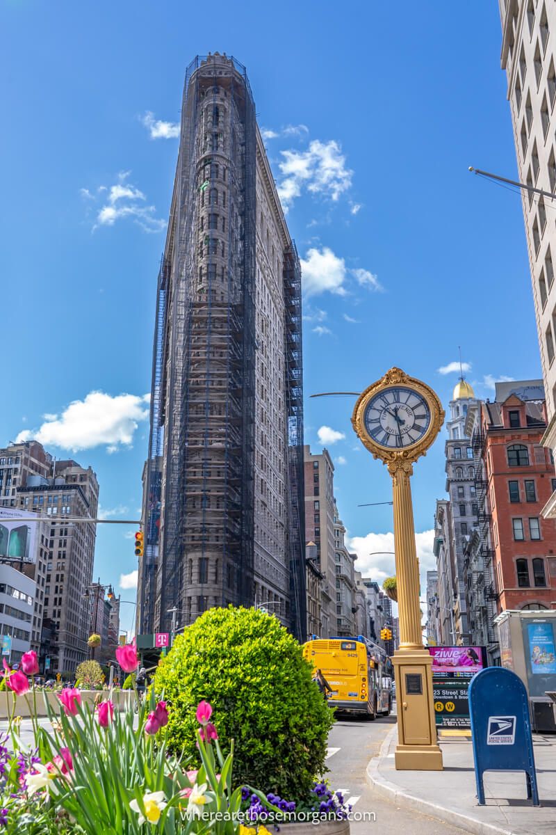 Flatiron building in New York City on a sunny day with the gold clock and flowers next to the road