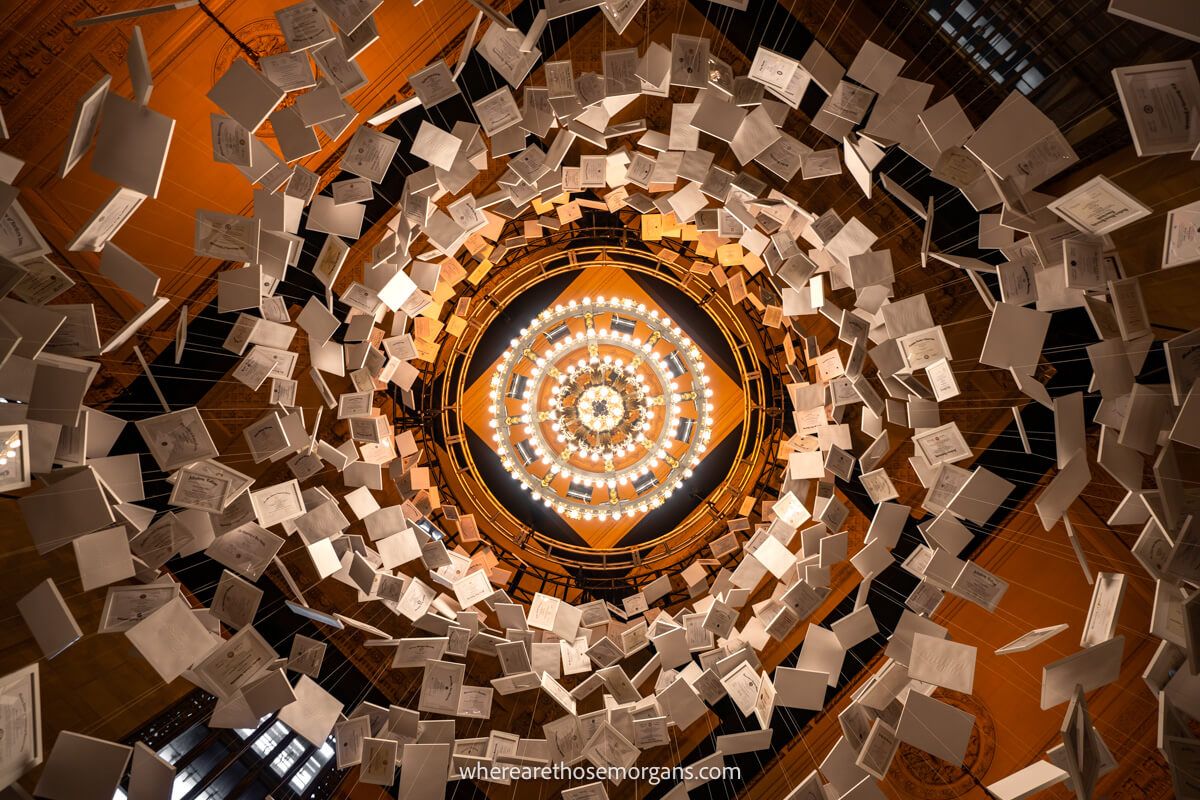 Swirling pieces of paper in a spiral inside Grand Central New York