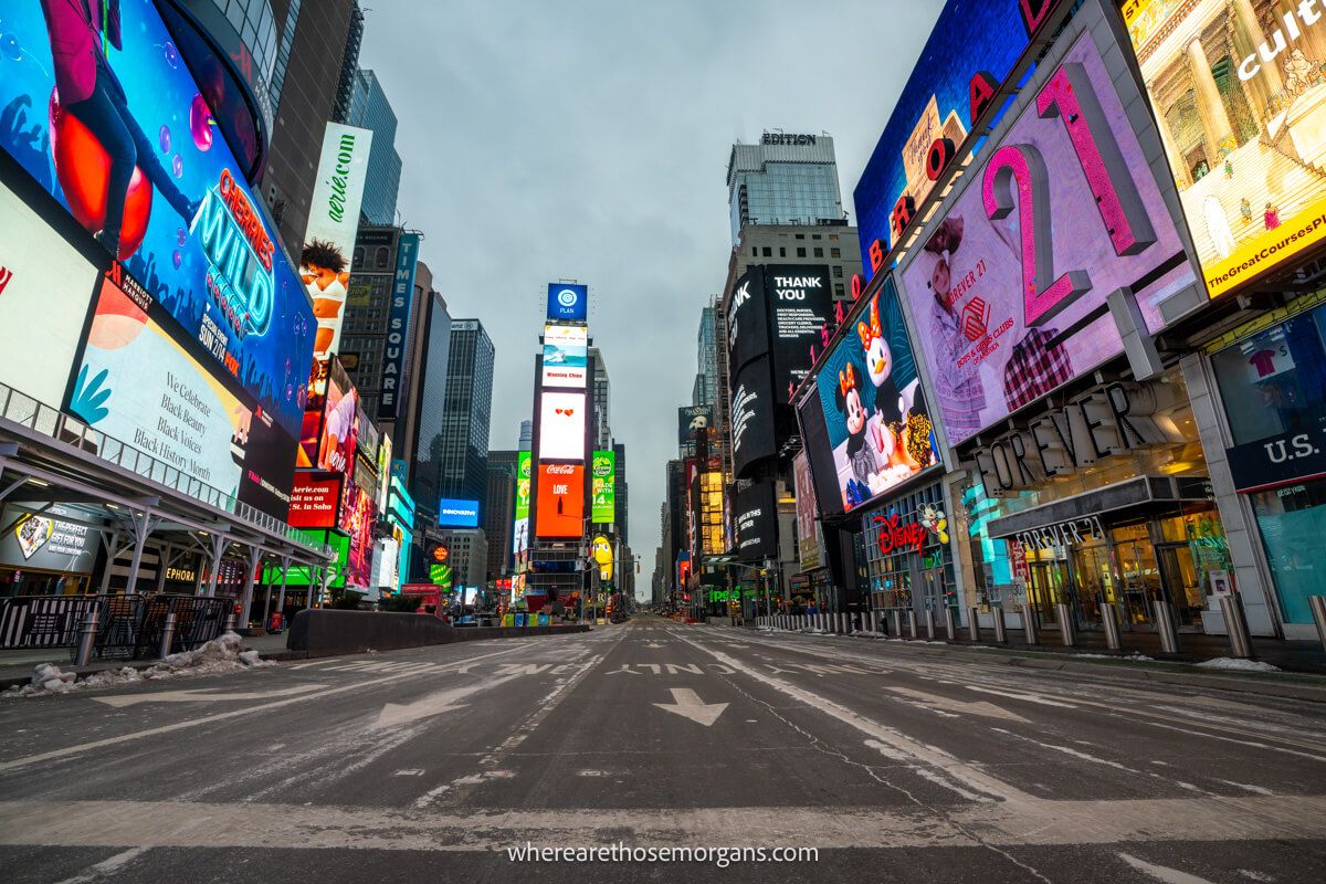 Road and advertising boards in Times Square completely empty of people or cars