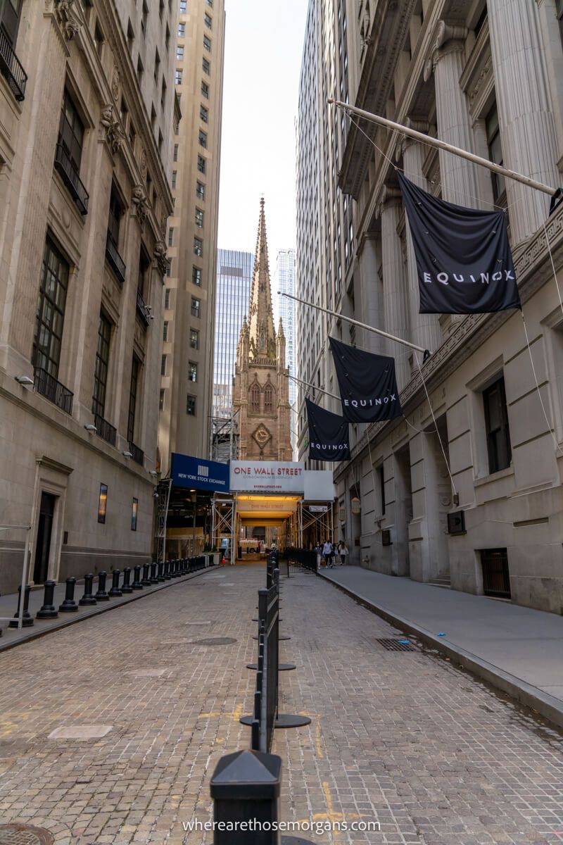 Wall Street leading to Trinity Church on a sunny day