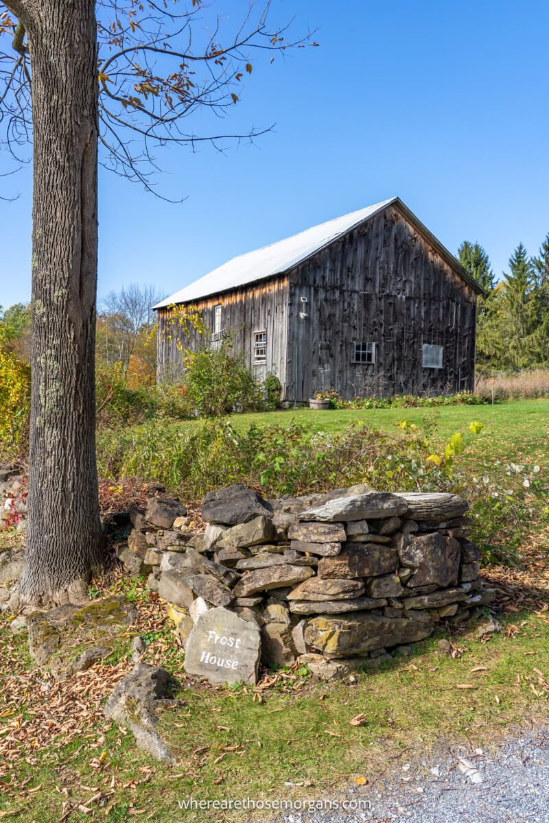 A small wooden barn at the Robert Frost House in Vermont