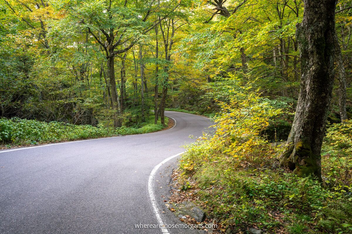 A winding road through Smuggler's Notch, a very popular place to visit during fall in Stowe