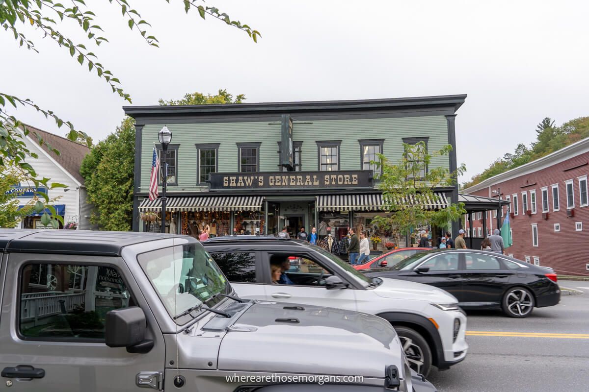 Visitors and traffic around Shaw's General Store in downtown Stowe