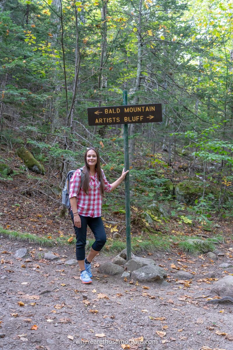 Hiker stood next to a sign with a trail split for Artists Bluff and Bald Mountain inside a light forest