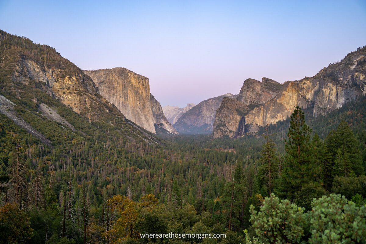 Far reaching and wide open expansive view of trees and granite cliffs at dusk in Yosemite National Park in the fall