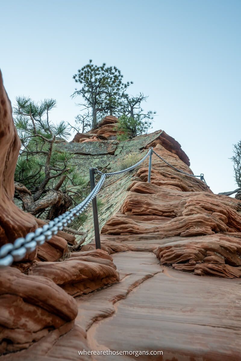 Steep rocky hike with metal chains to hold onto for support leading up to small trees on clear morning