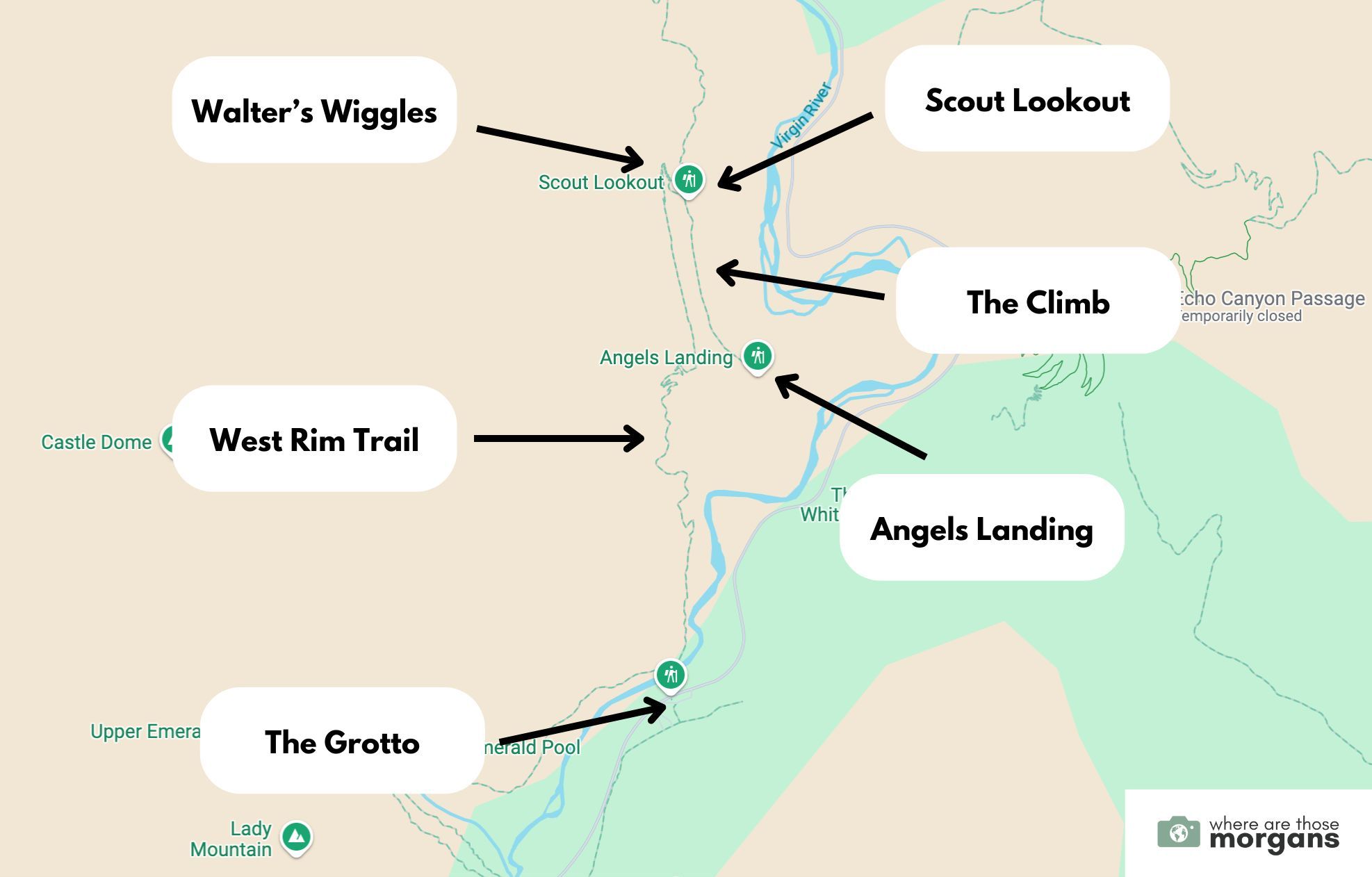 Screenshot of a map of Angels Landing Trail with annotations to show each major step of the hike