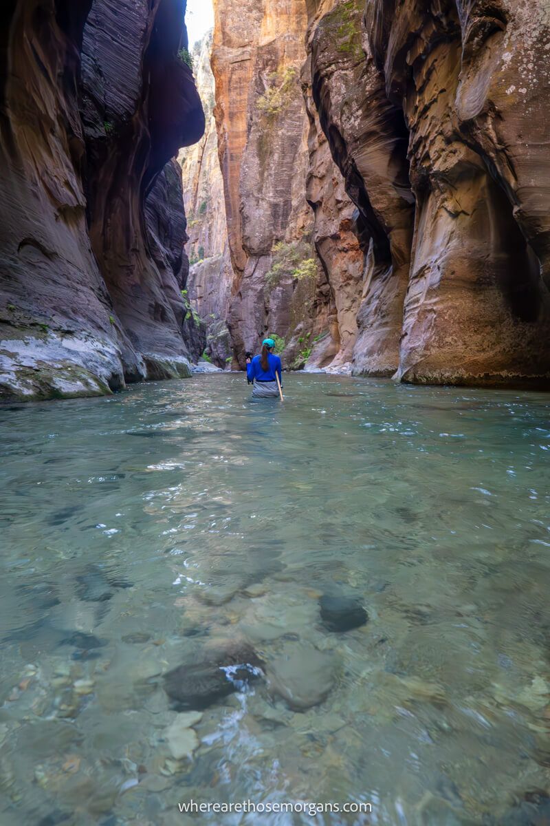 Hiker submerged to the waist hiking through The Narrows river slot canyon in Zion National Park