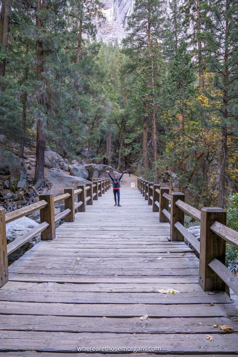 Hiker alone on a long wooden bridge surrounded by trees
