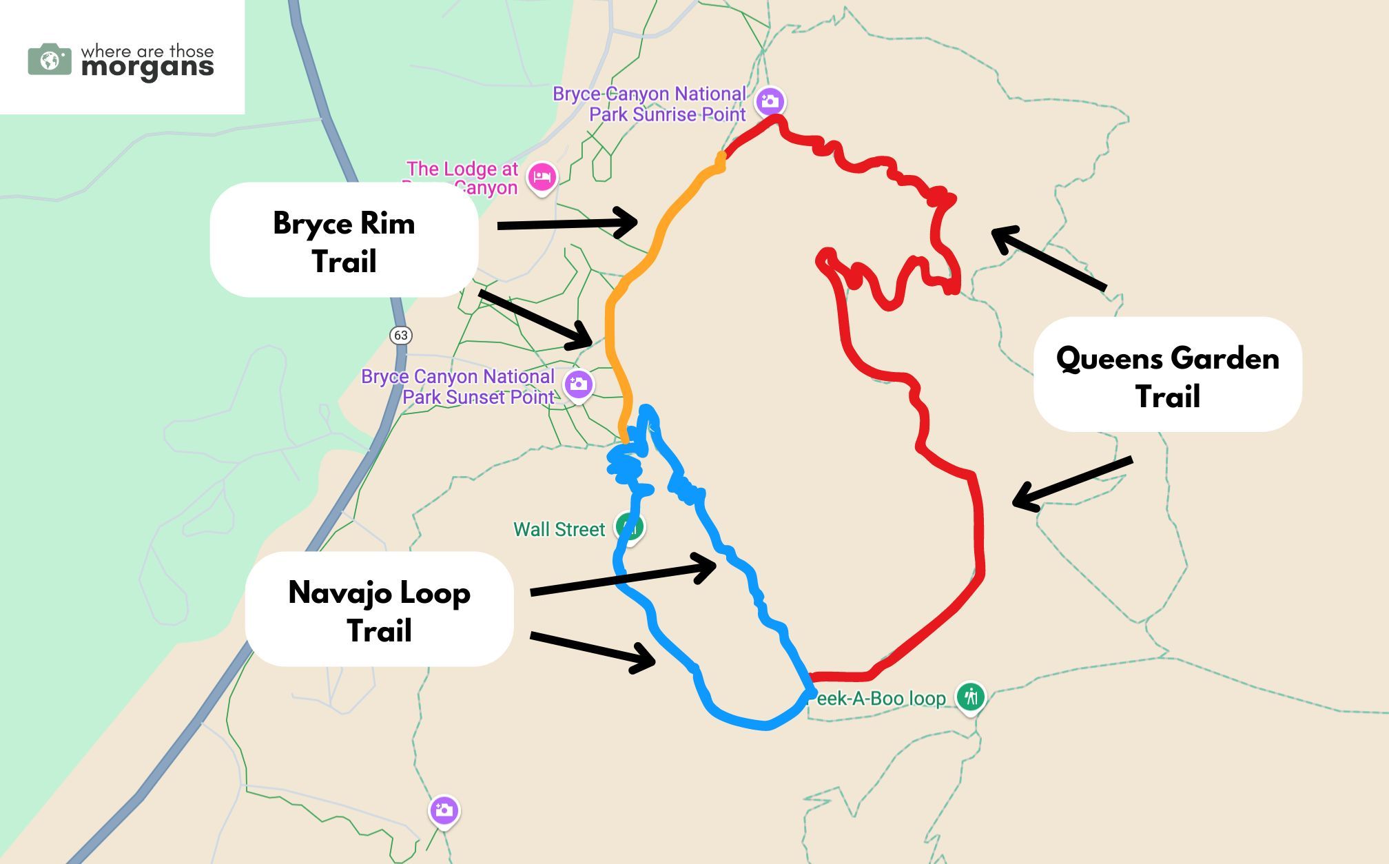 Hiking map for the Queens Garden Navajo Loop Trail in Bryce Canyon with different colors marking each section of the hike